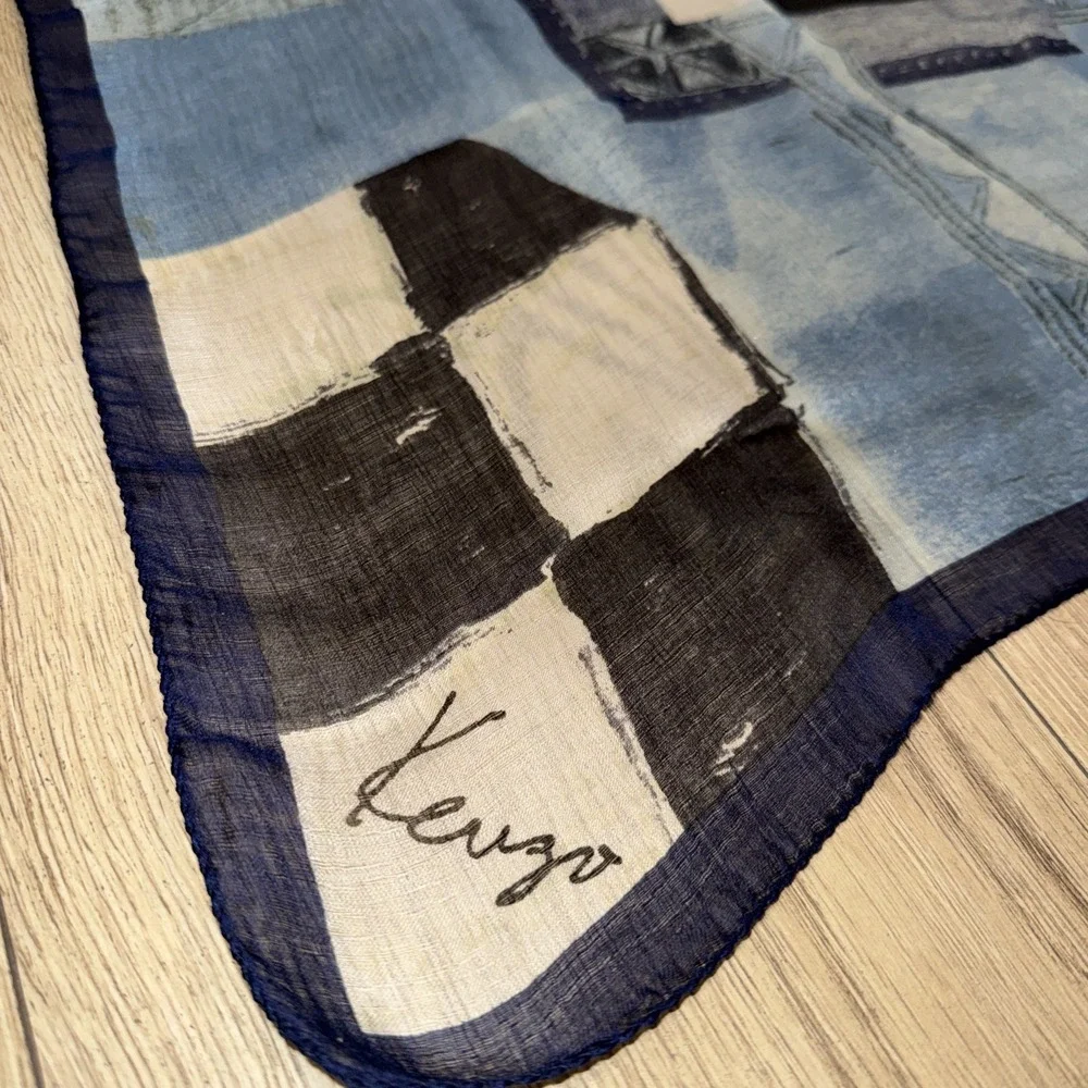 Women's Vintage KENZO‎ Light Silk Checked Checkered Scarf Wrap Blue Black White